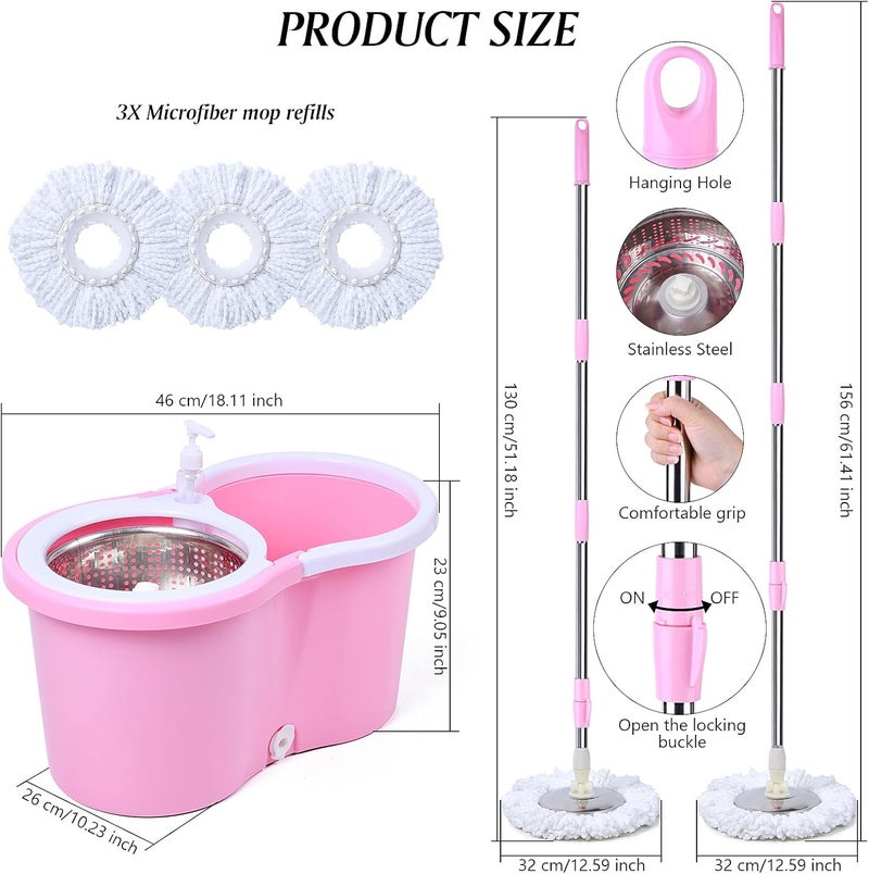 Eleckey Cute Pink Mop and Bucket Set with 3 Extra Refills (Pink) - Image 5